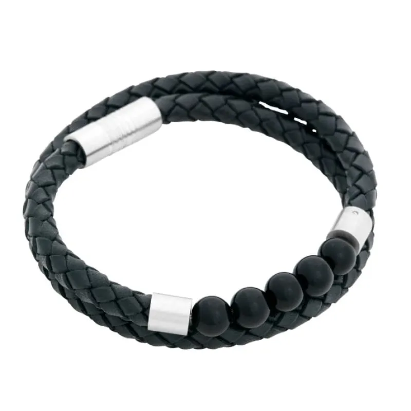 Armband By Billgren Läder, dubbel/beads, svart/charcoal – 8193