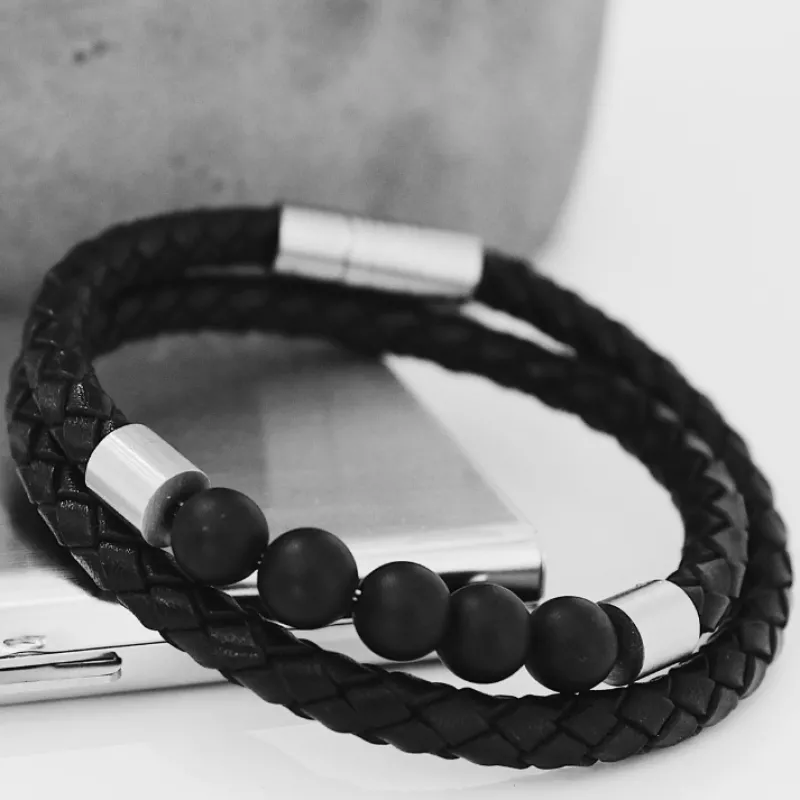 Armband By Billgren Läder, dubbel/beads, svart/charcoal – 8193