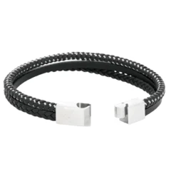 Armband By Billgren Läder, dubbel, stål/svart – 8219