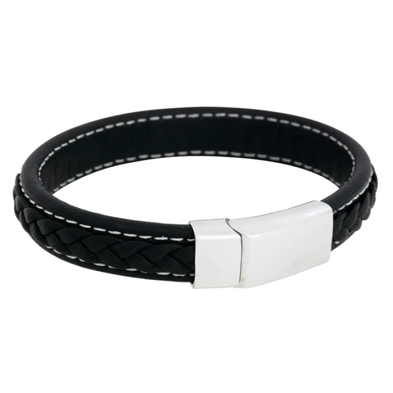 Armband By Billgren Läder, Flätat med lås i stål, svart – 8931