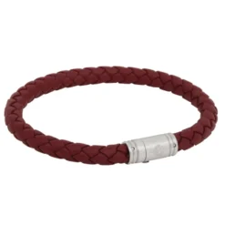 Armband By Billgren Läder, Flätat med lås i stål, Röd – 8131