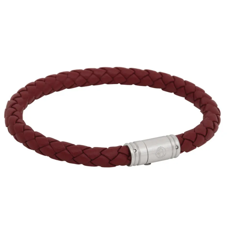 Armband By Billgren Läder, Flätat med lås i stål, Röd – 8131