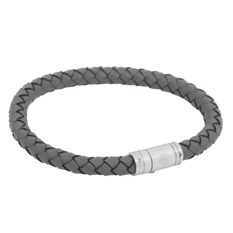 Armband By Billgren Läder, Flätat med lås i stål, grått – 8129
