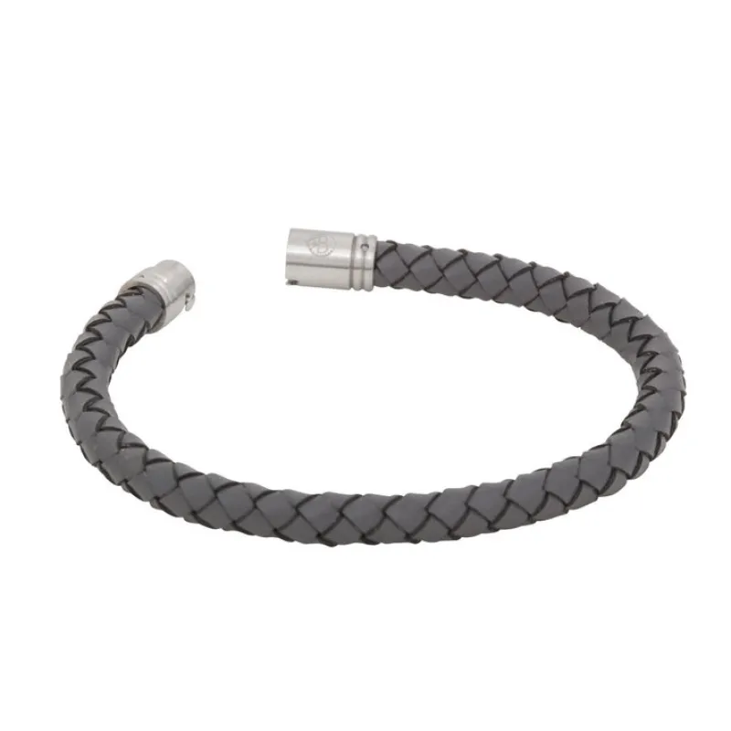 Armband By Billgren Läder, Flätat med lås i stål, grått – 8129