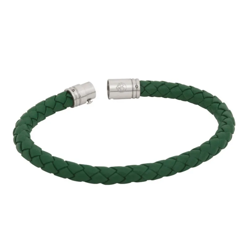 Armband By Billgren Läder, Flätat med lås i stål, grönt – 8128