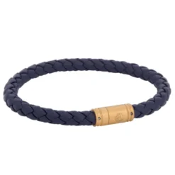 Armband By Billgren Läder, Flätat med lås i stål, blå/guld – 8134