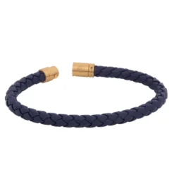 Armband By Billgren Läder, Flätat med lås i stål, blå/guld – 8134