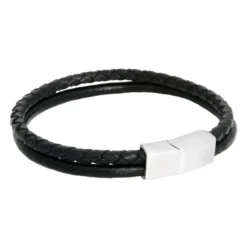 Armband By Billgren Läder, Flätat dubbel/stål, Svart/Silver – 8109