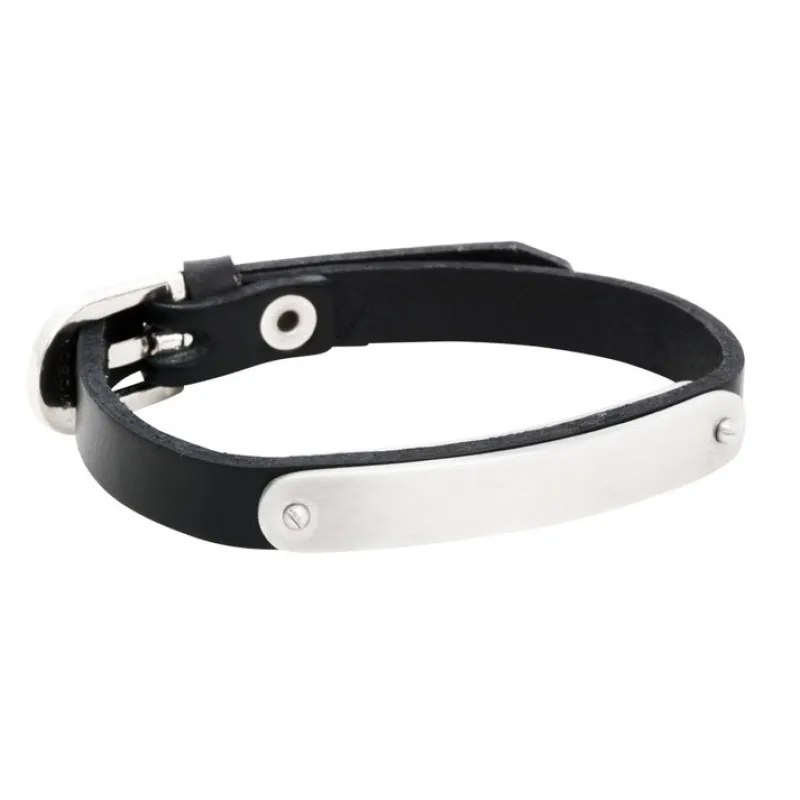 Armband By Billgren Läder, gravyr, stålbricka, svart – 8104